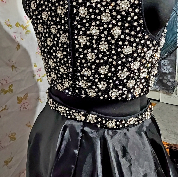 Two Piece, Black and Silver Beaded Prom Dress - Picture 3 of 5